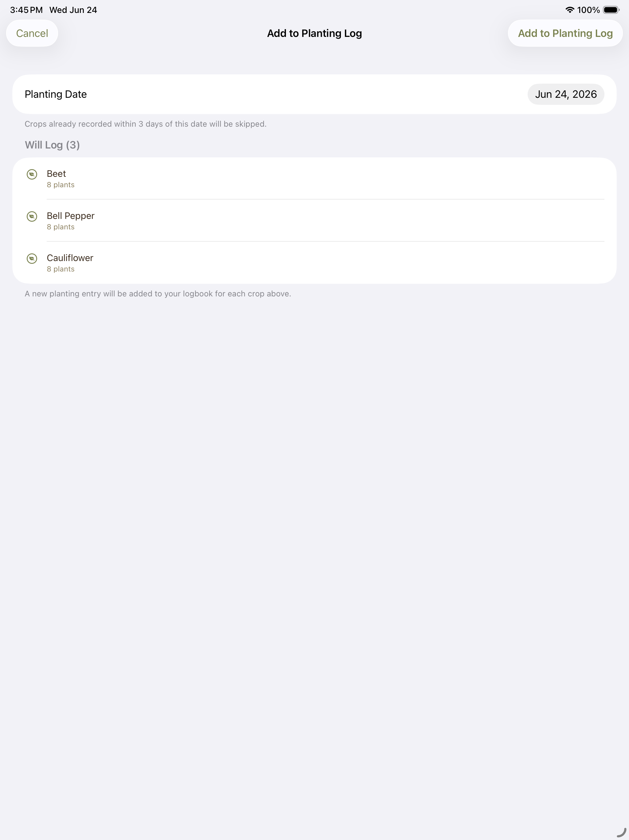 Add planting log form with planting date, bed, crop, and notes fields.